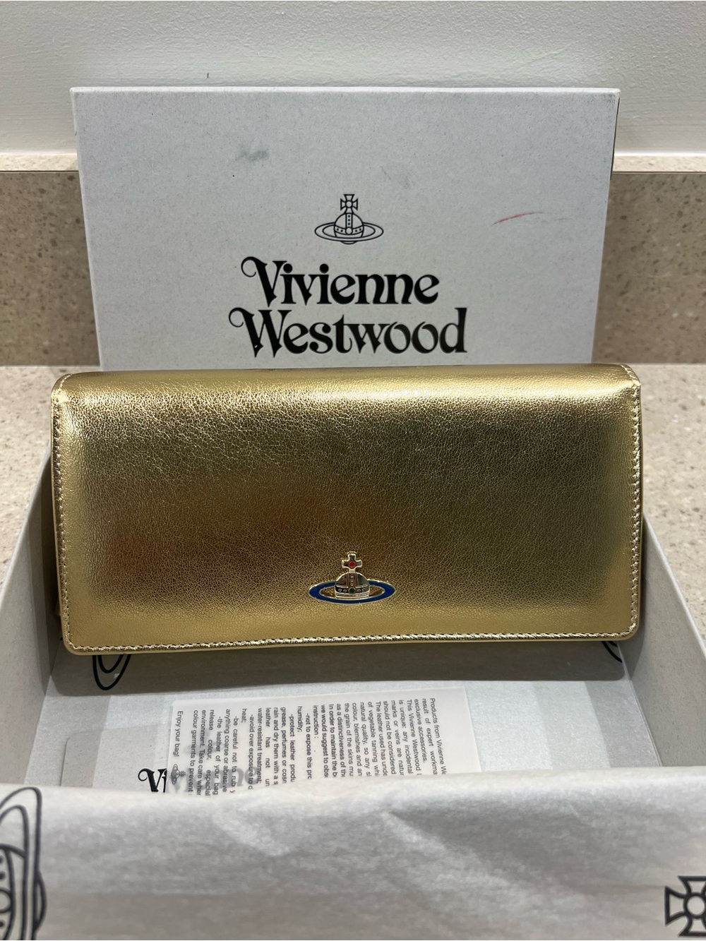 Vivienne Westwood Metallic Gold Leather Flap Wallet with Orb Emblem - Picture 2 of 10